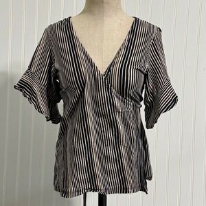 Free People Striped Wrap Top Large Navy Cream Ruffle Flutter Sleeve Cotton Boho